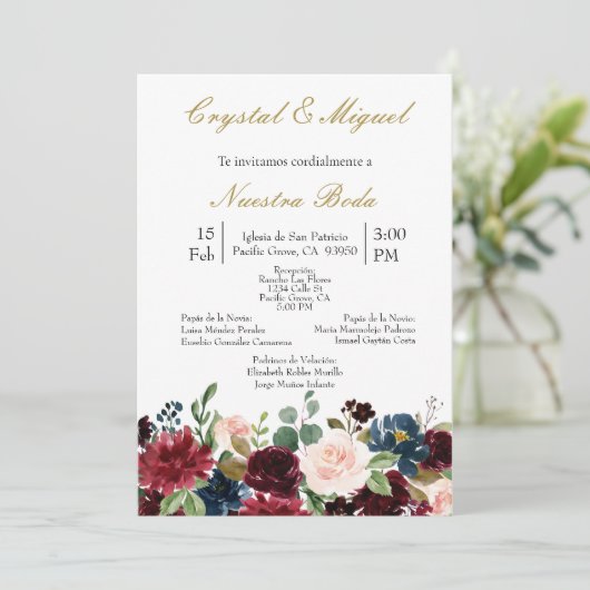 Bourgogne bloem bruiloft uitnodiging (Staand voorkant)