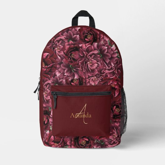 Bourgogne Bloem Elegantie met Gouden Accent Bedrukte Rugzak (Voorkant)