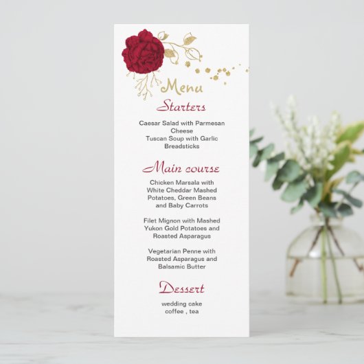 Bourgogne bloem goud & wit bruiloft menu (Staand voorkant)