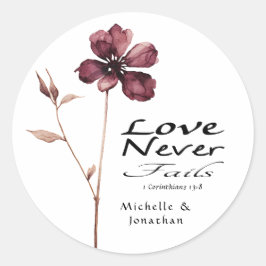 Bourgogne Bloem Liefde Nooit Fails Bijbel Bruiloft Ronde Sticker