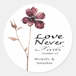 Bourgogne Bloem Liefde Nooit Fails Bijbel Bruiloft Ronde Sticker