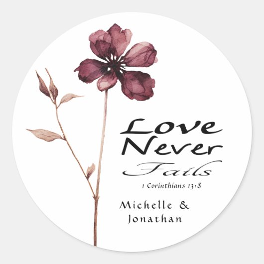 Bourgogne Bloem Liefde Nooit Fails Bijbel Bruiloft Ronde Sticker (Voorkant)