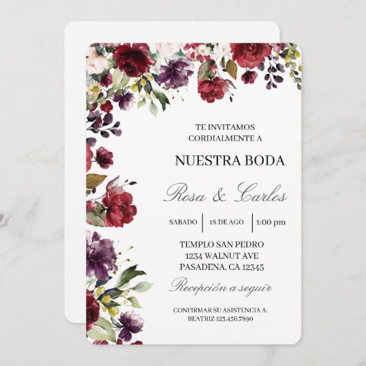 Bourgogne bloem lijst Spaans bruiloft uitnodiging (Voorkant / Achterkant)