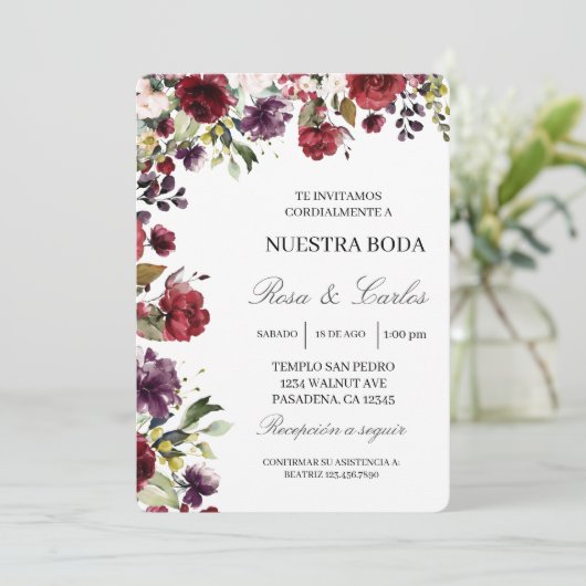 Bourgogne bloem lijst Spaans bruiloft uitnodiging (Staand voorkant)