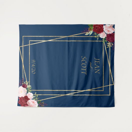 Bourgogne Bloem Navy Goud Lijst Blush Roze Wandkleed (Voorkant (horizontaal))