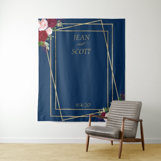 Bourgogne Bloem Navy Goud Lijst Blush Roze Wandkleed (In situ)