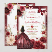 Bourgogne Bloem Rode Prinses Butterfly Quinceañera Kaart (Voorkant / Achterkant)