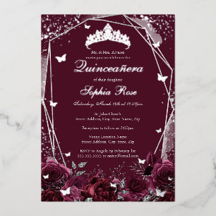 Bourgogne Bloem Tiara Zilver Quinceanera Folie Uitnodiging