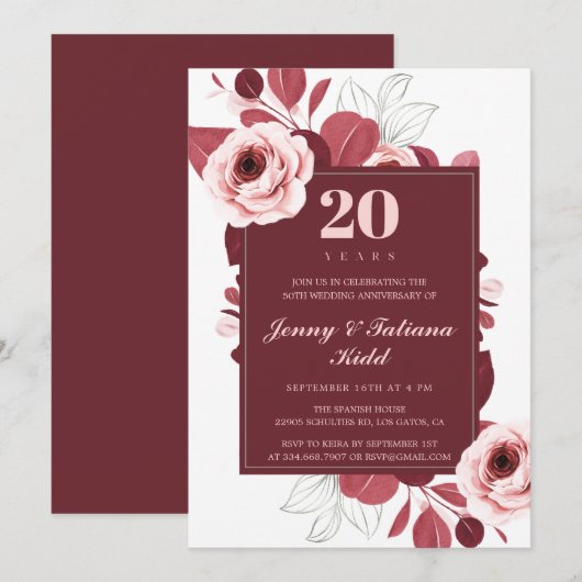 Bourgogne Bloemen 20e trouwdag Kaart (Voorkant / Achterkant)