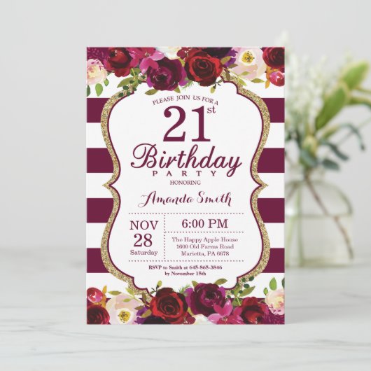 Bourgogne Bloemen 21e verjaardag Uitnodiging (Staand voorkant)