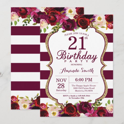 Bourgogne Bloemen 21e verjaardag Uitnodiging (Voorkant / Achterkant)