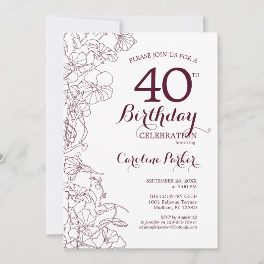 Bourgogne Bloemen 40e Verjaardagsfeest Kaart (Voorkant)