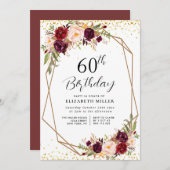 Bourgogne Bloemen 60e verjaardag feestuitnodiging Kaart (Voorkant / Achterkant)