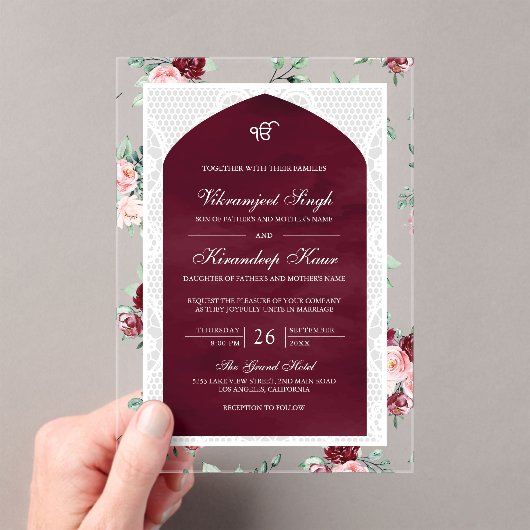 Bourgogne Bloemen Anand Karaj Punjabi Sikh Bruilof Acryl Uitnodigingen (Insitu (Draagbaar))