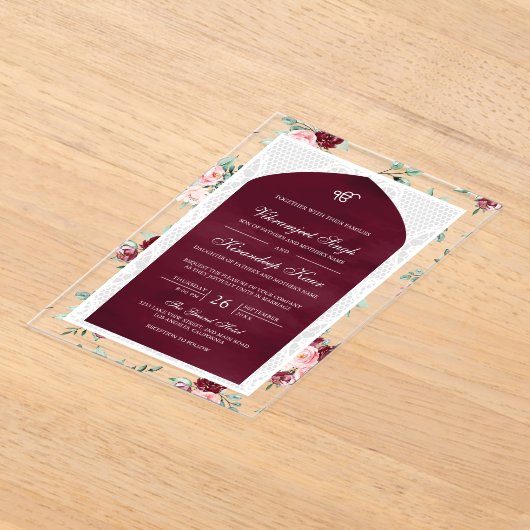 Bourgogne Bloemen Anand Karaj Punjabi Sikh Bruilof Acryl Uitnodigingen (Laagn)