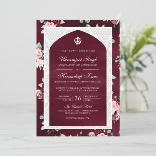 Bourgogne Bloemen Anand Karaj Punjabi Sikh Bruilof Kaart (Staand voorkant)