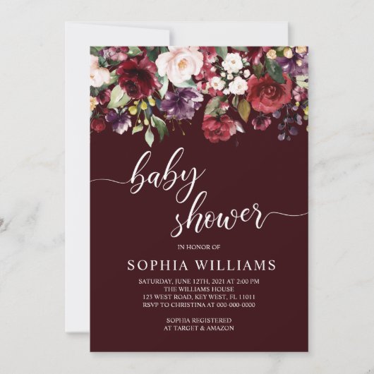 Bourgogne Bloemen Baby shower Kaart (Voorkant)