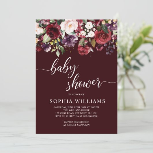 Bourgogne Bloemen Baby shower Kaart (Staand voorkant)