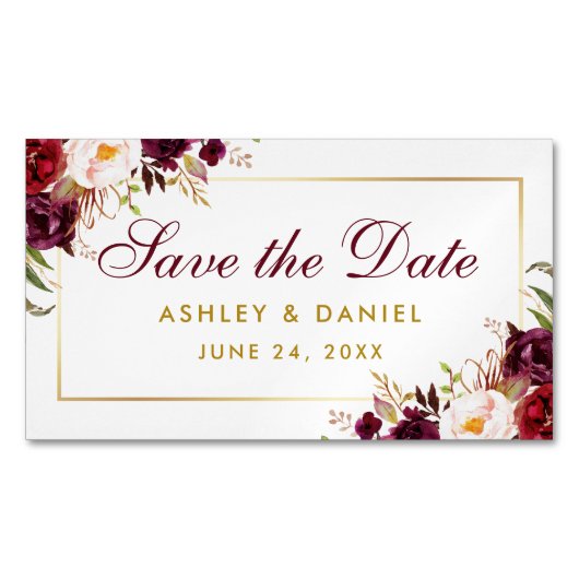 Bourgogne Bloemen Bewaar de datum Gouden Mini Magn Magnetisch Visitekaartje (Voorkant)