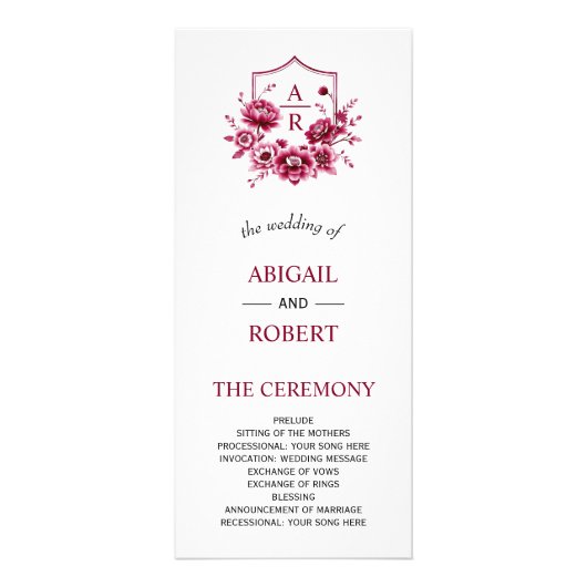 Bourgogne bloemen bloemenkam huwelijksprogramma reclamekaart (Voorkant)