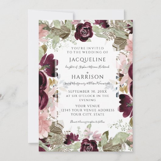 Bourgogne Bloemen Blush Herfst Foliage Elegant Bru Kaart (Voorkant)