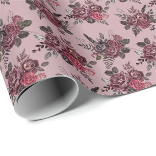 Bourgogne Bloemen Boeket op Dusty Grijs Roze Cadeaupapier