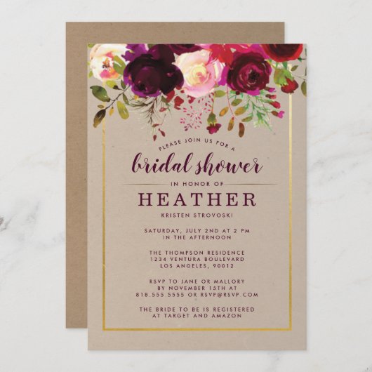 Bourgogne Bloemen Boho Bruids Douche Uitnodigingen (Voorkant / Achterkant)