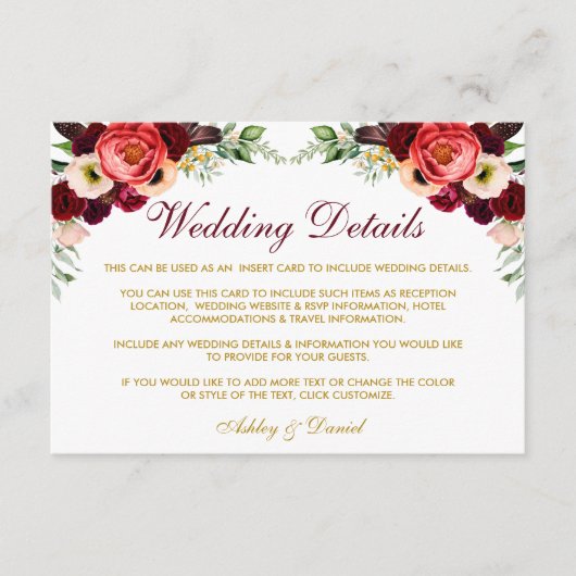 Bourgogne Bloemen Boho Bruiloft Details Invoegen K Informatiekaartje (Voorkant)