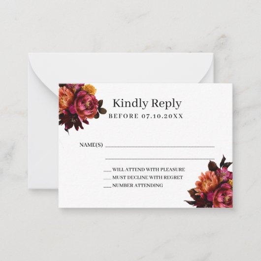 Bourgogne bloemen bruiloft reactie RSVP Notitiekaartje (Voorkant)