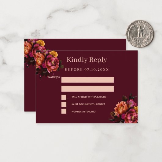 Bourgogne bloemen bruiloft reactie RSVP Notitiekaartje (Voorkant / Achterkant in situ)