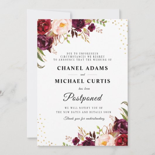 Bourgogne Bloemen bruiloft Uitstel Kaart (Voorkant)
