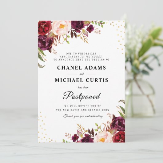 Bourgogne Bloemen bruiloft Uitstel Kaart (Staand voorkant)