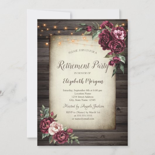 Bourgogne Bloemen Bruin Hout Pensioen Uitnodiging (Voorkant)