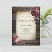 Bourgogne Bloemen Bruin Hout Pensioen Uitnodiging (Staand voorkant)