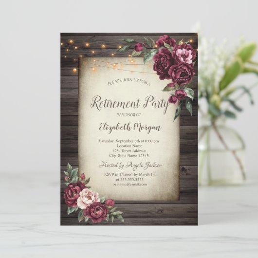 Bourgogne Bloemen Bruin Hout Pensioen Uitnodiging (Staand voorkant)
