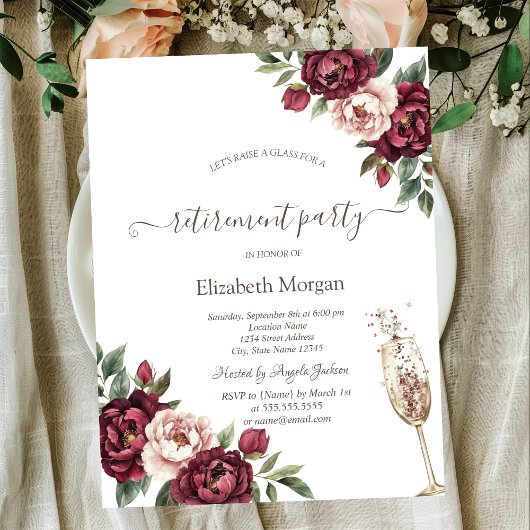 Bourgogne bloemen, champagne glas pensioen kaart