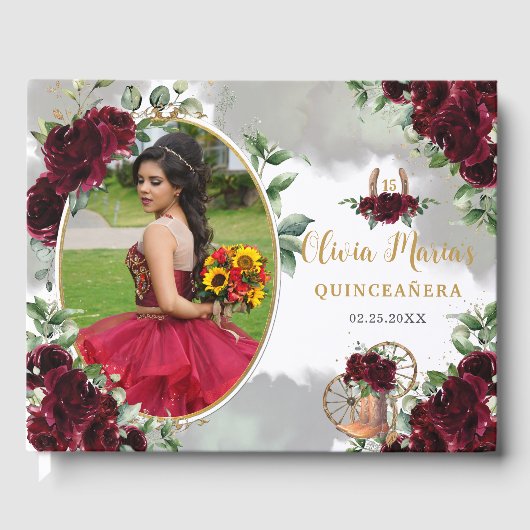 Bourgogne Bloemen Charro Boots Quinceanera Foto Gastenboek (Voorkant)