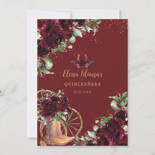 Bourgogne Bloemen Charro Boots Sweet 16 Quinceañer Kaart (Achterkant)