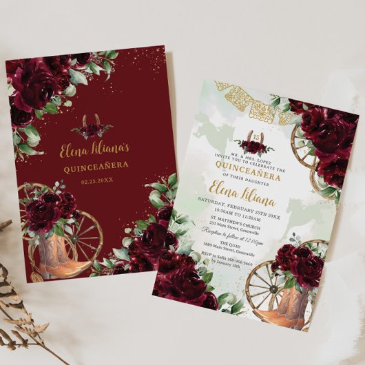 Bourgogne Bloemen Charro Boots Sweet 16 Quinceañer Kaart