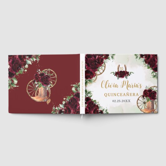 Bourgogne Bloemen Charro Cowboy Boots Quinceanera Gastenboek (Volledig)
