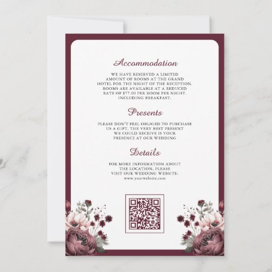 Bourgogne Bloemen Crest QR code Moslim Bruiloft Kaart (Achterkant)