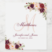 Bourgogne Bloemen Elegant Blush Monogram Bruiloft Wijn Etiket (Enkel label)