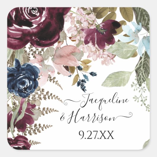 Bourgogne Bloemen Elegante Blush Jewel Tone Bruilo Vierkante Sticker (Voorkant)