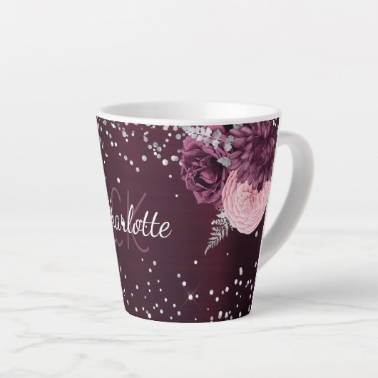 Bourgogne bloemen elegante monogram naam latte mok (Rechterhoek)