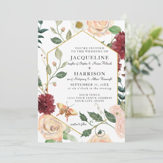 Bourgogne Bloemen Elegante Roos Herfst Bladerdek H Kaart (Staand voorkant)