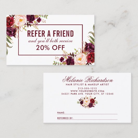 Bourgogne Bloemen Elegante Verwijzing Visitekaartje (Voorkant / Achterkant)