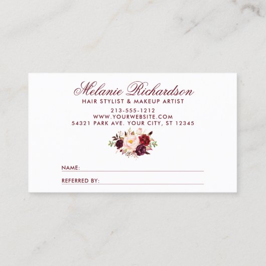 Bourgogne Bloemen Elegante Verwijzing Visitekaartje (Achterkant)