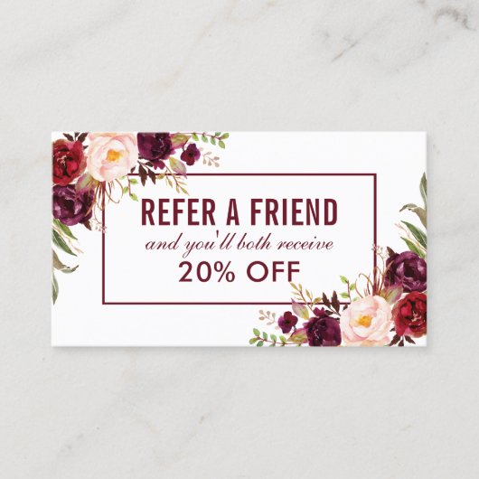 Bourgogne Bloemen Elegante Verwijzing Visitekaartje (Voorkant)