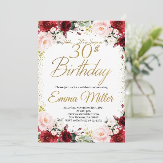 Bourgogne Bloemen en Goud Verrassing 30e Verjaarda Kaart (Staand voorkant)