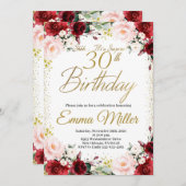 Bourgogne Bloemen en Goud Verrassing 30e Verjaarda Kaart (Voorkant / Achterkant)